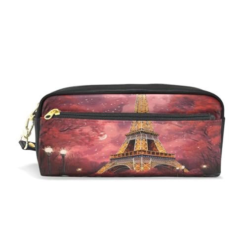 LINNIKEEEE Roter Pariser Turm Federmäppchen aus Leder,Mäppchen Schlamperbox Stifttasche,Make-up-Tasche,Organizer für Jungen Mädchen von LINNIKEEEE