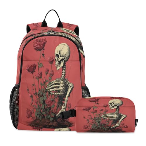 LINNIKEEEE Roter Trockener Rosenschädel Studentenrucksack Lunchtasche Set – Leichte Schultasche für Jungen Mädchen von LINNIKEEEE