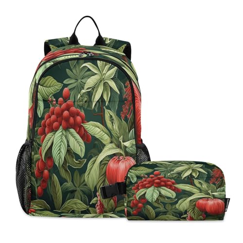 LINNIKEEEE Rotes Dattelfruchtblatt Studentenrucksack Lunchtasche Set – Leichte Schultasche für Jungen Mädchen von LINNIKEEEE