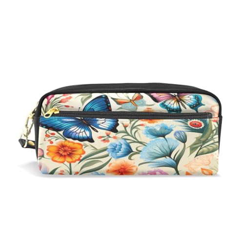 LINNIKEEEE Schmetterlinge Bunte Blumen Federmäppchen aus Leder,Mäppchen Schlamperbox Stifttasche,Make-up-Tasche,Organizer für Jungen Mädchen von LINNIKEEEE