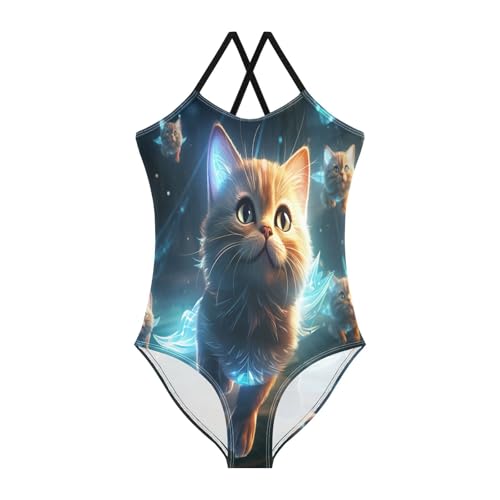 LINNIKEEEE Stern Blaue Katzen Mädchen-Bademode,Strandmode,Einteiliger Badeanzug,Badeanzüge für Kinder von LINNIKEEEE