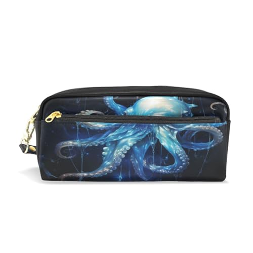 LINNIKEEEE Sternblauer Oktopus Federmäppchen aus Leder,Mäppchen Schlamperbox Stifttasche,Make-up-Tasche,Organizer für Jungen Mädchen von LINNIKEEEE