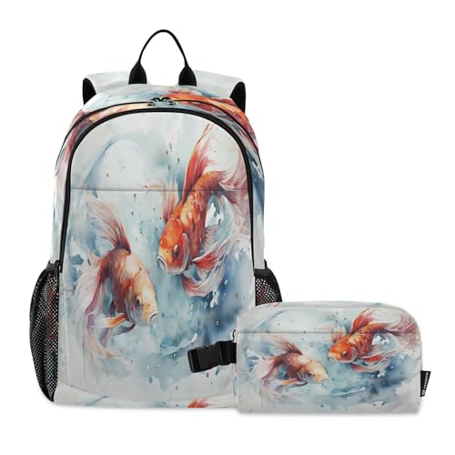 LINNIKEEEE Süße Aquarell-Fischkunst Studentenrucksack Lunchtasche Set – Leichte Schultasche für Jungen Mädchen von LINNIKEEEE