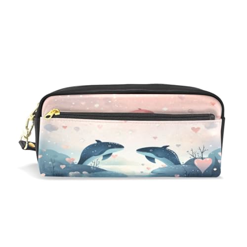 LINNIKEEEE Süße Cartoon-Delfine Federmäppchen aus Leder,Mäppchen Schlamperbox Stifttasche,Make-up-Tasche,Organizer für Jungen Mädchen von LINNIKEEEE