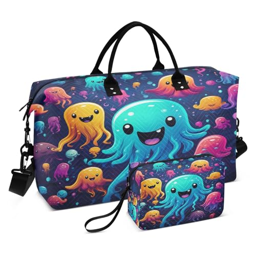 LINNIKEEEE Süße Cartoon Kunst Quallen Reise-Seesäcke, Sporttasche, Weekender Handtasche mit Kulturbeutel für Damen Mädchen Herren von LINNIKEEEE
