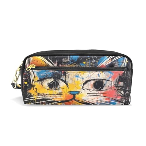 LINNIKEEEE Süße Doodle-Katzen Federmäppchen aus Leder,Mäppchen Schlamperbox Stifttasche,Make-up-Tasche,Organizer für Jungen Mädchen von LINNIKEEEE