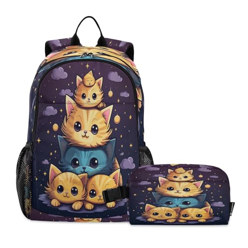 LINNIKEEEE Süße Doodle-Tierkätzchen Studentenrucksack Lunchtasche Set – Leichte Schultasche für Jungen Mädchen von LINNIKEEEE