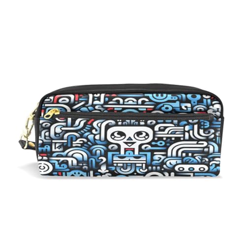 LINNIKEEEE Süße Gekritzelblaue Kunst Federmäppchen aus Leder,Mäppchen Schlamperbox Stifttasche,Make-up-Tasche,Organizer für Jungen Mädchen von LINNIKEEEE