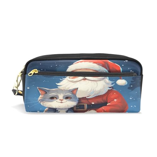 LINNIKEEEE Süße Weihnachtsmannkatzen Federmäppchen aus Leder,Mäppchen Schlamperbox Stifttasche,Make-up-Tasche,Organizer für Jungen Mädchen von LINNIKEEEE