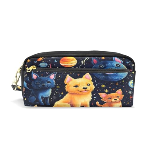 LINNIKEEEE Süße Weltraumhunde Federmäppchen aus Leder,Mäppchen Schlamperbox Stifttasche,Make-up-Tasche,Organizer für Jungen Mädchen von LINNIKEEEE