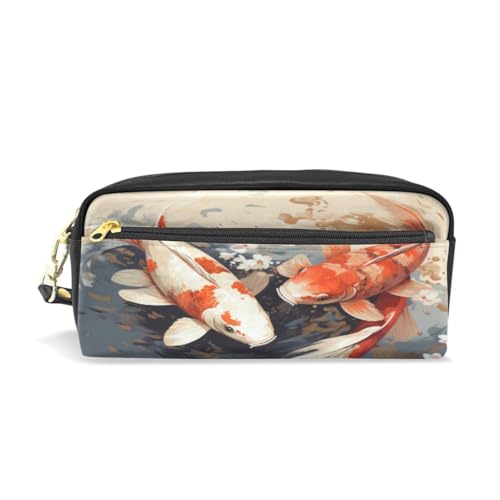 LINNIKEEEE Süßer Aquarell-Koi-Fisch Federmäppchen aus Leder,Mäppchen Schlamperbox Stifttasche,Make-up-Tasche,Organizer für Jungen Mädchen von LINNIKEEEE