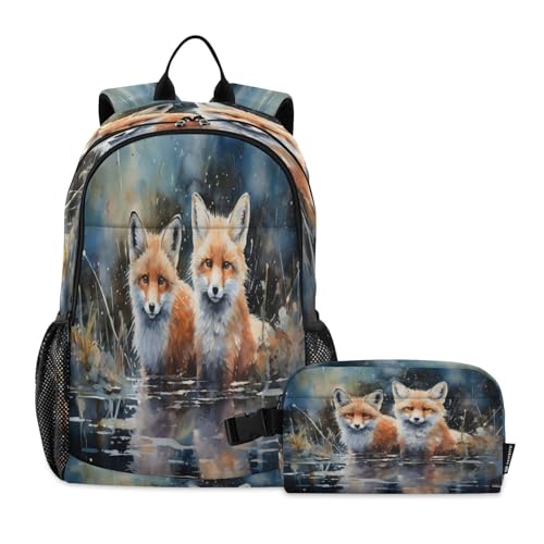 LINNIKEEEE Süßer Aquarell-Tierfuchs Studentenrucksack Lunchtasche Set – Leichte Schultasche für Jungen Mädchen von LINNIKEEEE