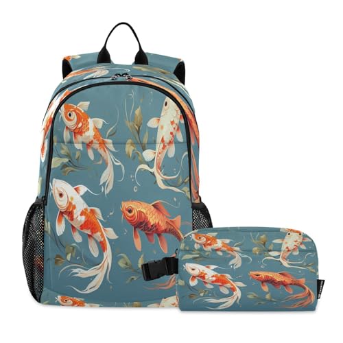 LINNIKEEEE Süßer Aquarellfisch Studentenrucksack Lunchtasche Set – Leichte Schultasche für Jungen Mädchen von LINNIKEEEE