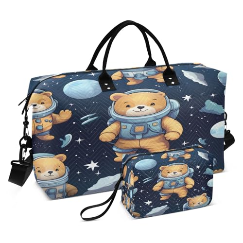 LINNIKEEEE Süßer Bär Weltraum Astronaut Reise-Seesäcke, Sporttasche, Weekender Handtasche mit Kulturbeutel für Damen Mädchen Herren von LINNIKEEEE