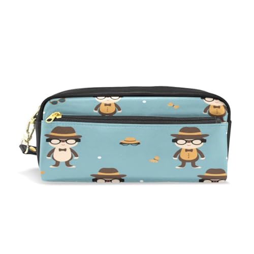 LINNIKEEEE Süßer Cartoon Blauer AFFE Federmäppchen aus Leder,Mäppchen Schlamperbox Stifttasche,Make-up-Tasche,Organizer für Jungen Mädchen von LINNIKEEEE