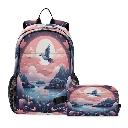 LINNIKEEEE Süßer Cartoon-Kondor Studentenrucksack Lunchtasche Set – Leichte Schultasche für Jungen Mädchen von LINNIKEEEE