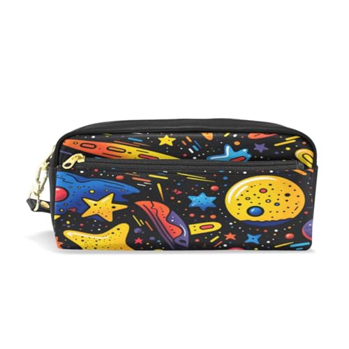 LINNIKEEEE Süßer Doodle-Weltraumstern Federmäppchen aus Leder,Mäppchen Schlamperbox Stifttasche,Make-up-Tasche,Organizer für Jungen Mädchen von LINNIKEEEE