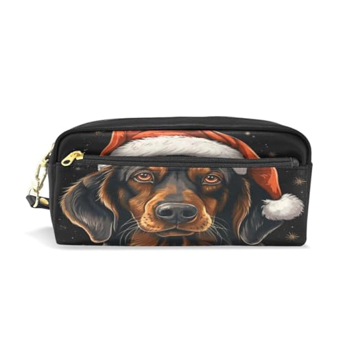 LINNIKEEEE Süßer Hund Mit Weihnachtsmütze Federmäppchen aus Leder,Mäppchen Schlamperbox Stifttasche,Make-up-Tasche,Organizer für Jungen Mädchen von LINNIKEEEE