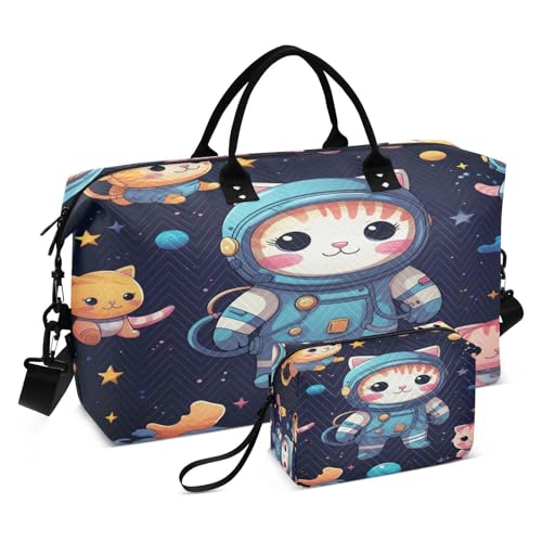 LINNIKEEEE Süßer Kätzchen Astronaut Reise-Seesäcke, Sporttasche, Weekender Handtasche mit Kulturbeutel für Damen Mädchen Herren von LINNIKEEEE