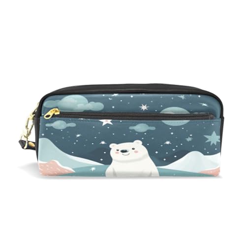 LINNIKEEEE Süßer Lustiger Cartoon-Eisbär Federmäppchen aus Leder,Mäppchen Schlamperbox Stifttasche,Make-up-Tasche,Organizer für Jungen Mädchen von LINNIKEEEE