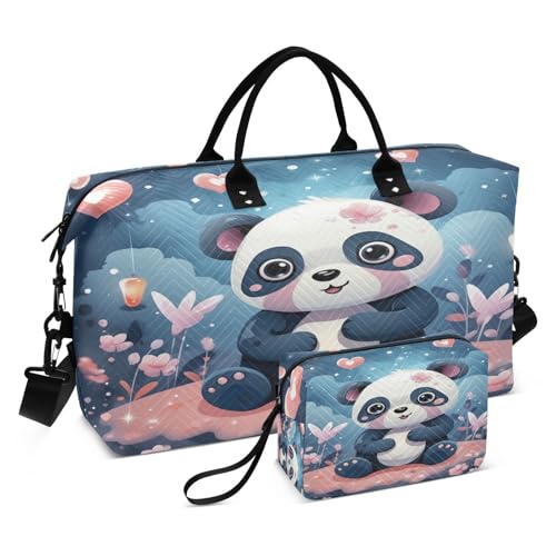 LINNIKEEEE Süßer Lustiger Cartoon Panda Reise-Seesäcke, Sporttasche, Weekender Handtasche mit Kulturbeutel für Damen Mädchen Herren von LINNIKEEEE