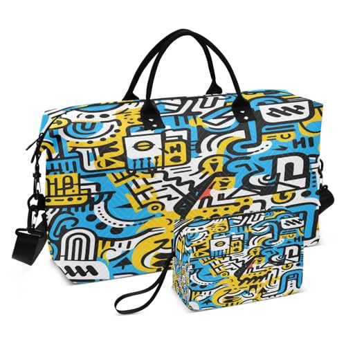 LINNIKEEEE Süßes Gekritzel Blau Gelbe Bisons Reise-Seesäcke, Sporttasche, Weekender Handtasche mit Kulturbeutel für Damen Mädchen Herren von LINNIKEEEE