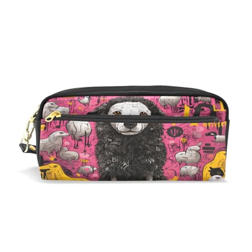 LINNIKEEEE Süßes Rosa Gekritzel Schwarzes Schaf Federmäppchen aus Leder,Mäppchen Schlamperbox Stifttasche,Make-up-Tasche,Organizer für Jungen Mädchen von LINNIKEEEE