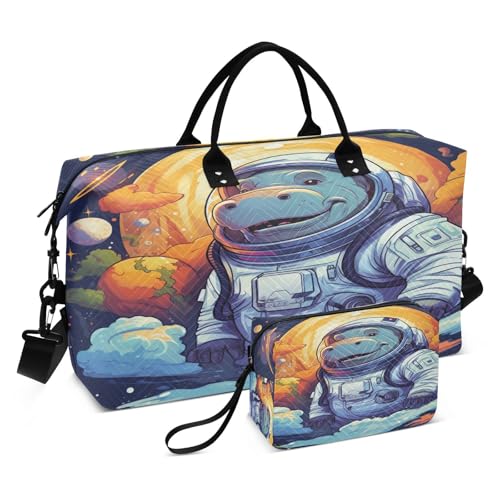 LINNIKEEEE Süßes Tier Astronaut Nilpferd Reise-Seesäcke, Sporttasche, Weekender Handtasche mit Kulturbeutel für Damen Mädchen Herren von LINNIKEEEE