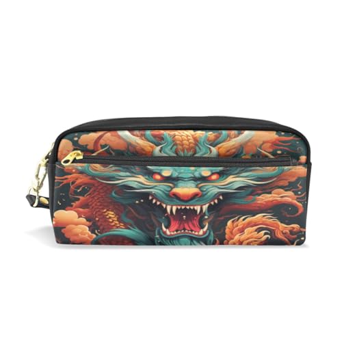 LINNIKEEEE Traditioneller Asiatischer Drache Federmäppchen aus Leder,Mäppchen Schlamperbox Stifttasche,Make-up-Tasche,Organizer für Jungen Mädchen von LINNIKEEEE