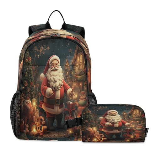 LINNIKEEEE Weihnachten Weihnachtsmann Studentenrucksack Lunchtasche Set – Leichte Schultasche für Jungen Mädchen von LINNIKEEEE