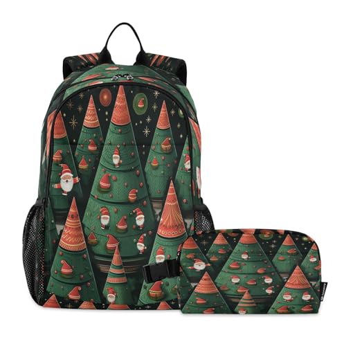 LINNIKEEEE Weihnachtsbaum Weihnachtsmann Studentenrucksack Lunchtasche Set – Leichte Schultasche für Jungen Mädchen von LINNIKEEEE