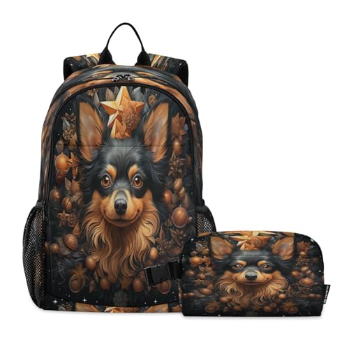 LINNIKEEEE Weihnachtsbrauner Hund Studentenrucksack Lunchtasche Set – Leichte Schultasche für Jungen Mädchen von LINNIKEEEE