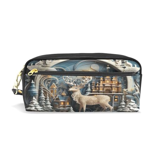 LINNIKEEEE Weihnachtskunst Hirsch Federmäppchen aus Leder,Mäppchen Schlamperbox Stifttasche,Make-up-Tasche,Organizer für Jungen Mädchen von LINNIKEEEE