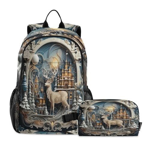 LINNIKEEEE Weihnachtskunst Hirsch Studentenrucksack Lunchtasche Set – Leichte Schultasche für Jungen Mädchen von LINNIKEEEE