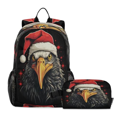 LINNIKEEEE Weihnachtsmuster Weißkopfseeadler Studentenrucksack Lunchtasche Set – Leichte Schultasche für Jungen Mädchen von LINNIKEEEE