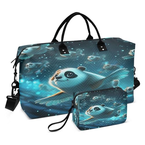 LINNIKEEEE Weltraumblaue Pandas Reise-Seesäcke, Sporttasche, Weekender Handtasche mit Kulturbeutel für Damen Mädchen Herren von LINNIKEEEE