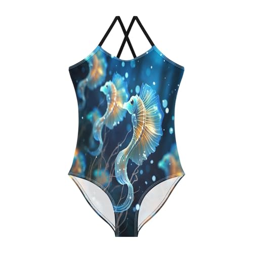 LINNIKEEEE Weltraumblaue Seepferdchen Mädchen-Bademode,Strandmode,Einteiliger Badeanzug,Badeanzüge für Kinder von LINNIKEEEE