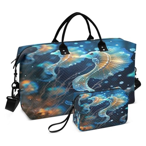 LINNIKEEEE Weltraumblaue Seepferdchen Reise-Seesäcke, Sporttasche, Weekender Handtasche mit Kulturbeutel für Damen Mädchen Herren von LINNIKEEEE