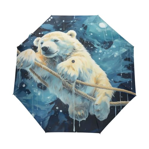 LINNIKEEEE Weltraumblauer Eisbär Regenschirm Auf-Zu Automatik Taschenschirm Winddichter Klein Leicht Kompakt Schirme für Reise Strand Frauen von LINNIKEEEE