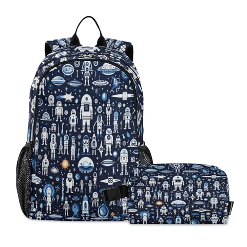 LINNIKEEEE Weltraumkritzeleien Kunst Astronaut Studentenrucksack Lunchtasche Set – Leichte Schultasche für Jungen Mädchen von LINNIKEEEE