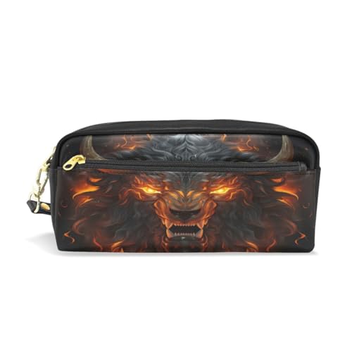 LINNIKEEEE Wütend Gefeuerter Bison Federmäppchen aus Leder,Mäppchen Schlamperbox Stifttasche,Make-up-Tasche,Organizer für Jungen Mädchen von LINNIKEEEE