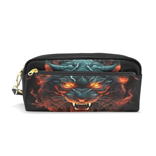 LINNIKEEEE Wütender Gefeuerter Tiertiger Federmäppchen aus Leder,Mäppchen Schlamperbox Stifttasche,Make-up-Tasche,Organizer für Jungen Mädchen von LINNIKEEEE