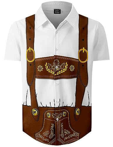 LINOCOUTON Herren Oktoberfest Outfit Bierfest Kostüm Bayerisches Lederhose Kurzarm Hemden, Weiß, X-Large von LINOCOUTON