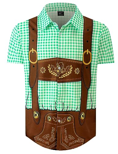 LINOCOUTON Herren Oktoberfest Outfit Deutsch Bayern Bayerisches Lederhose Hemd Kurzarm Freizeithemden, Grün, X-Large von LINOCOUTON