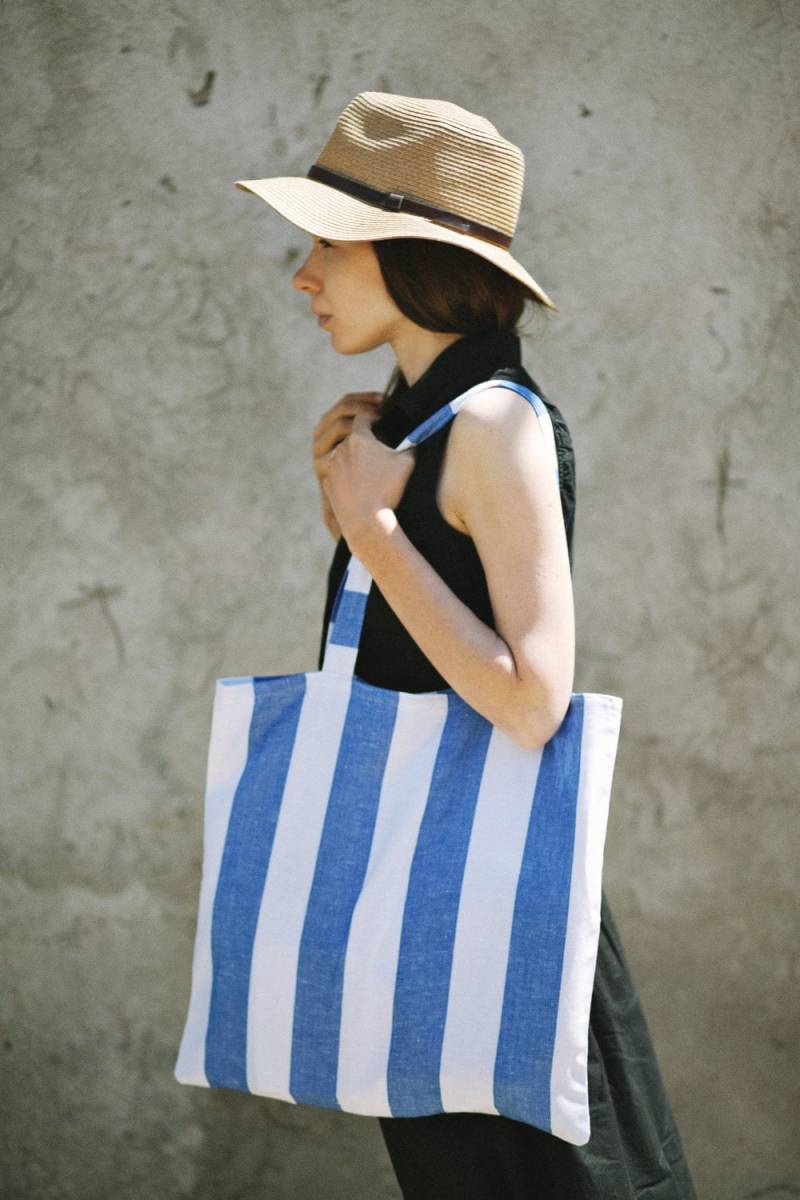 Bettwäsche Gestreift Beutel/Weiße Tasche Blau Beach Bag Sommer Bettwäsche Gestreift Beutel/Weiße Tasche Blau Beach Bag Sommer von LINOHAZE