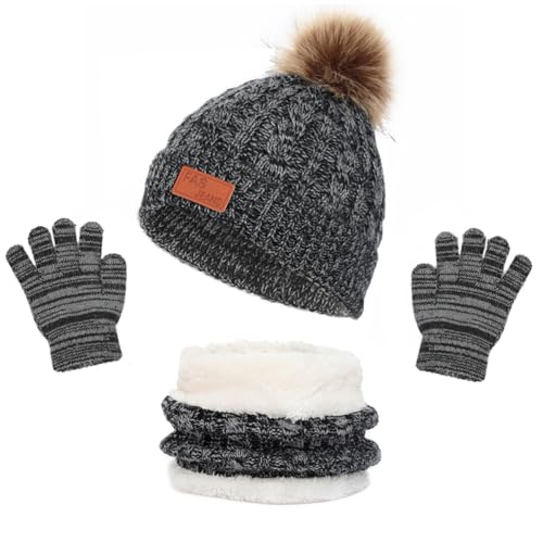 3in1 Kinder Wintermütze Schal Handschuhe Set,Jungen Winter Beanie Hut Schal Handschuhe Set,Jungen Strickmütze Set,Jungen Warme ​Wintermütze Beanie Hut Handschuhe Runder Schal Set für Kinder 2-6 Jahre von LINSOCLE