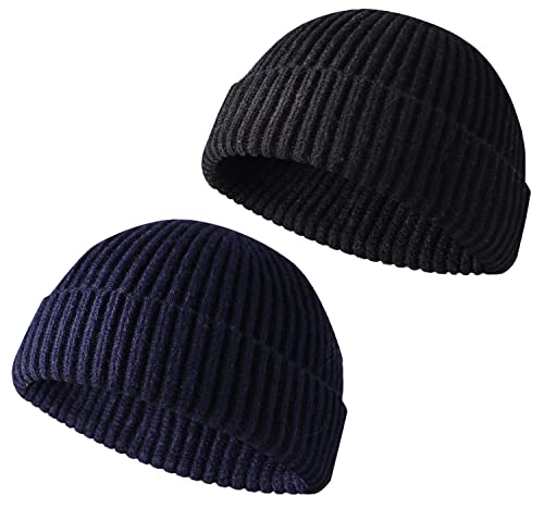 LINSOCLE 2PCS Fisherman Beanie Herren, Trawler Beanie Herren, Retro Trawler Winter Beanie Hat,Winter Warme Mützen Strickmütze Weich & Leicht Damen Herren(Schwarz + Navy blau) von LINSOCLE