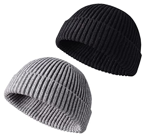 LINSOCLE 2PCS Mütze Herren Winter, Trawler Mütze, Retro Trawler Winter Beanie Hat, Winter Warme Mützen Strickmütze Weich & Leicht Damen Herren Unisex (schwarz + grau) von LINSOCLE