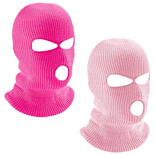 LINSOCLE 2pcs Balaclava - 3-Loch Sturmmaske, Gestrickte Sturmhaube, Multifunktionsmaske, Skimütze für Motorrad und Fahrrad(Rosig+Rosa von LINSOCLE