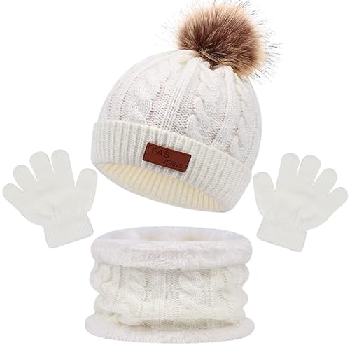 3 in1 Kinder Wintermütze Schal Handschuhe Set, Mädchen Winter Beanie Hut Schal Handschuhe Set,Mädchen Strickmütze Set, Mädchen Winter Beanie Hut Handschuhe Runder Schal Set für Kinder 2-7 Jahre von LINSOCLE